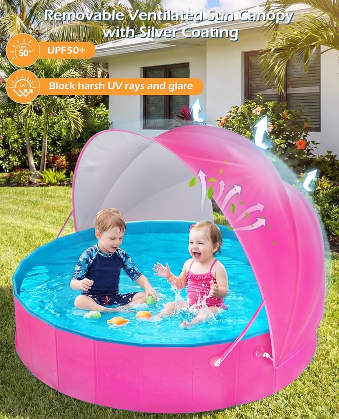 Jasonwell Kiddie Baby Pool with Canopy - Foldable Infant Toddler Kids Pool with Shade Baby Beach Essentials Tent Swimming Wading Pools for Toddlers 1-3 + Kids Dogs Ball Pit Backyard Water Play R, 63"