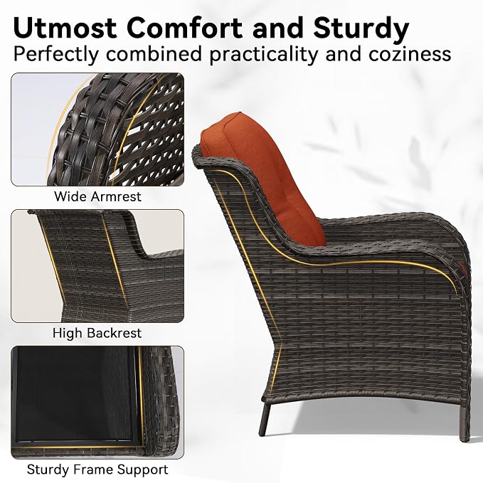 5 Piece Outdoor Wicker Patio Furniture Set, Patio Chairs Set with Thickened Olefin Cushions, High Back and Deep Seating, Hand-Woven PE Rattan for Porch, Deck