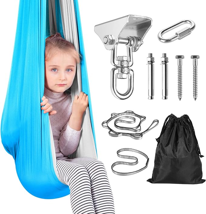 Yoga Swing for Kids Hammock Children Hangin Indoor Outdoor Autism Aspergers,ADHD Kids Hangin Therapy Swing 90inch x 59inch (Hardware Included) Sky Blue and Gray