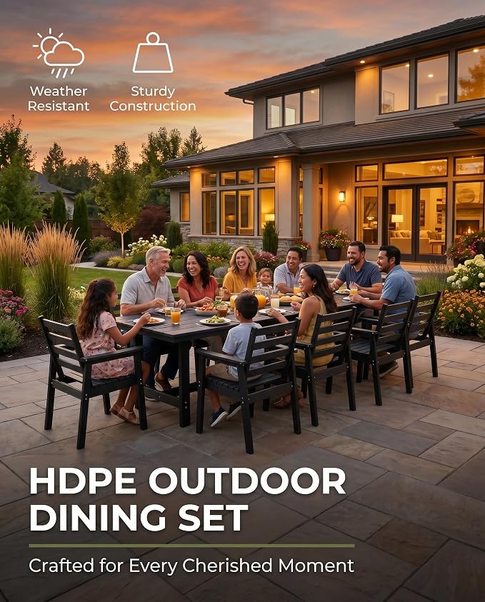 10 Piece HDPE Outdoor Dining Set for 8, Patio Dining Furniture Set with 2” Umbrella Hole, Weather Resistant Outdoor Table and Chairs for Garden, Poolside, Backyard, Deck