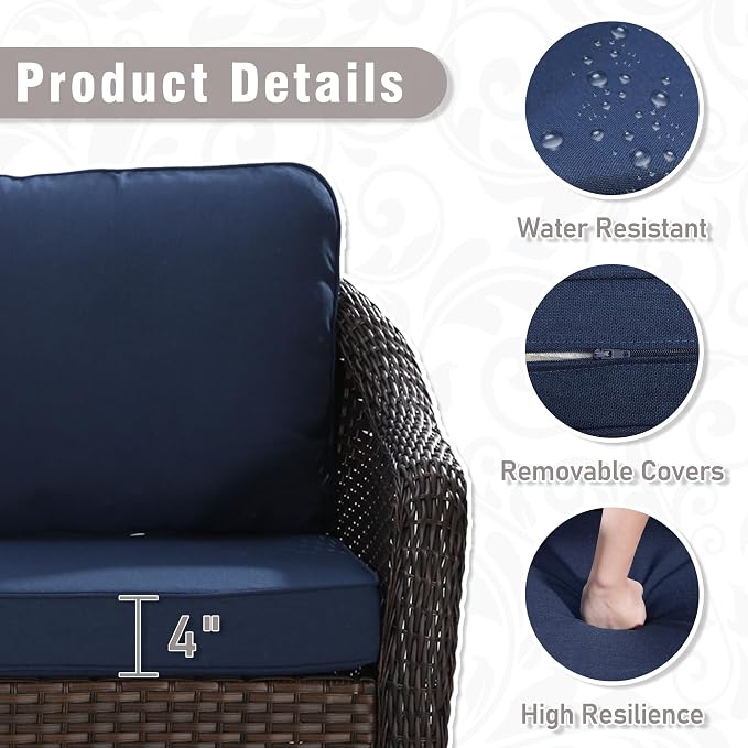 7 Piece Patio Wicker Conversation Set, All-Weather Use Outdoor Wicker Loveseat with 2 PE Rattan Ottomans,2 Chair, 2 Swivel Chair, Ideal for Porch, Backyard, Balcony, Poolside, Blue