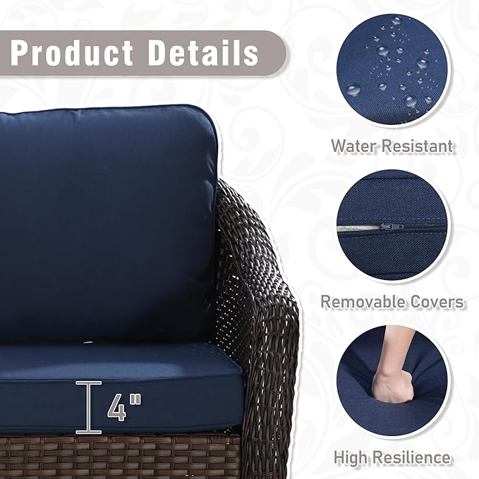 5 Piece Patio Wicker Conversation Set, All-Weather Use Outdoor Wicker Sofa with 2 PE Rattan Ottomans,2 Swivel Chair, 1 Side Table, Ideal for Porch, Backyard, Balcony, Poolside, Blue