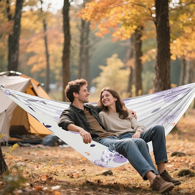 Qilmy Purple Flower Camping Hammock Single – 330 lbs Capacity, Lightweight with Tree Straps & Carabiners, Portable for Hiking, Travel, Backpacking