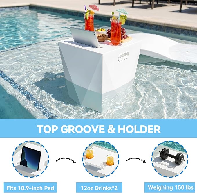Modern Assemble-Free Outdoor Side Table, Pool Side Table for Inside Pool or on Patio, Lounger Table with 2 Cup Holders * 1 Tablet Holder, White