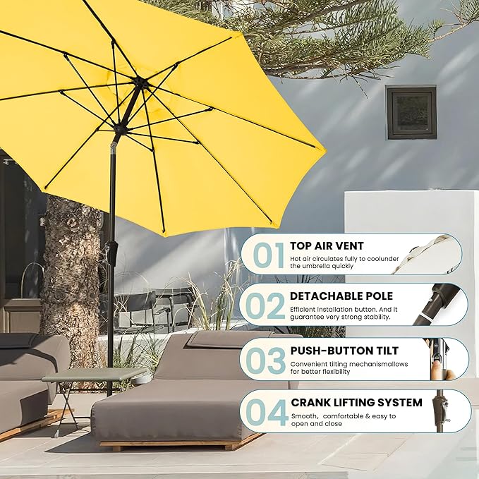 9FT Large Outdoor Patio Umbrella Market Table Umbrella-UV Resistant, Easy Push Button Tilt and Crank, 8 Sturdy Ribs Heavy-Duty Pool Umbrella for Deck,Yellow