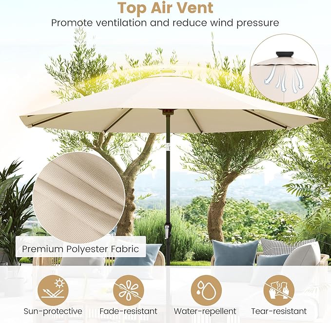 Tangkula 10 FT Solar Patio Umbrella, Outdoor Market Table Umbrella with 96 Multi-Colored Flowing LED Lights, 9 Modes, Tilt Adjustment, Crank Handle, 8 Ribs, Vented Top for Backyard Poolside Deck Lawn