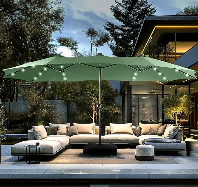 PHI VILLA 15ft Large Patio Umbrella with Solar Lights, Double-Sided Outdoor Market Rectangle Umbrellas with 36 LED Lights, Umbrella Base (Stand) Included, Mint Green