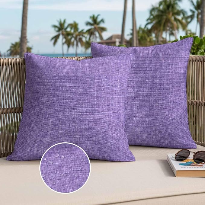 Pack of 2 Waterproof Outdoor Pillow Covers 20x20 Inch Decorative Pillow Covers Lavender Burlap Texture Throw Pillowcases Farmhouse Vintage Lavender Outdoor Cushion Cover for Couch, Patio, Tent