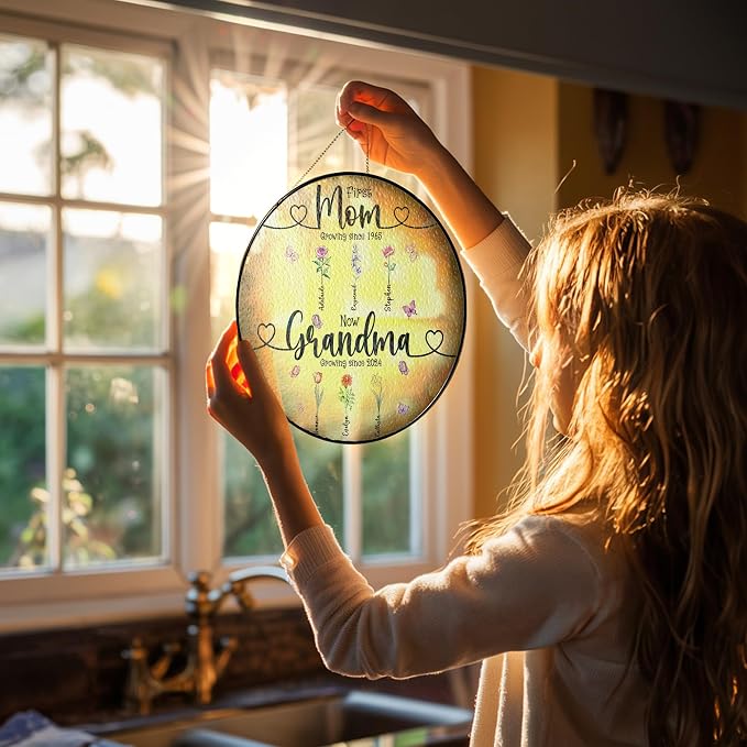 Personalized Birth Flower First-Now Grandma's Garden Stained Glass Window Hanging Suncatcher - Mother's Day, Birthday Gift for Mom, Grandma, Family, Custom Title, Names, Flowers