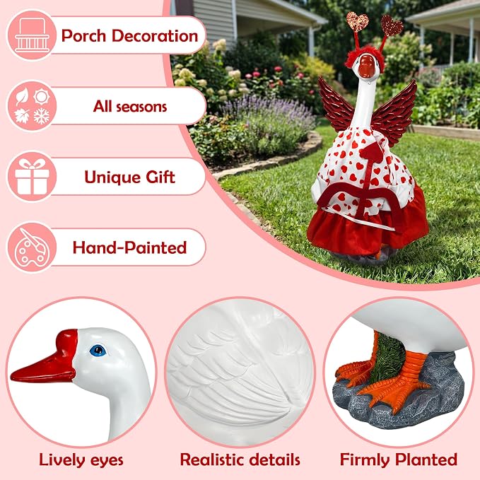 Porch Goose Outfit Heart Dress Geese Costume for Outdoor Lawn Decor | Stable Weighted Base,Heart-Patterned Dress With Red Wings and Cupid'S Bow, Realistic Goose Sculpture for Garden,Yard