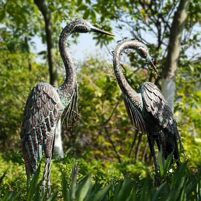 Kircust Garden Crane Statues Metal Heron Outdoor Statue, 46 Inch | Standing Patina Decoy, Weather-Resistant and Rustless, Bird Yard Art for Patio Lawn Pond