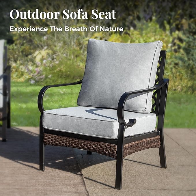 Patio Furniture Set with Fire Pit Table, Metal Outdoor Conversation Set with 2 Fixed Chairs, Loveseat Sofa, 3-Seat Sofa and Gas Fire Pit Table for Lawn Garden Backyard, Light Grey
