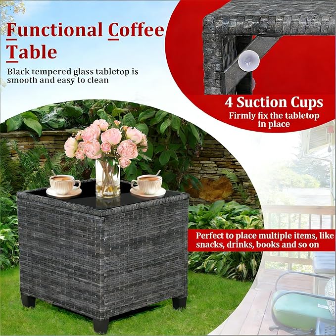 ORALNER Patio Furniture, 3 Pieces Outdoor Wicker Conversation Set Chairs with Soft Cushions and Glass Coffee Table, Rattan Bistro Set for Balcony Garden Deck Front Porch Poolside (Red)