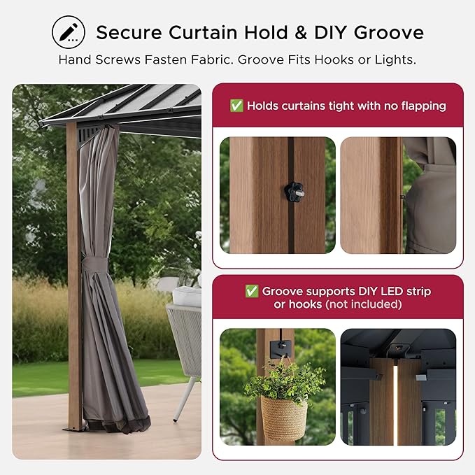 SUNJOY Kingston 16' x 12' Hardtop Gazebo with Galvanized Steel Double Roof, Curtain and Netting, Woodgrain Finish Aluminum Posts Permanent Pavilion Gazebo for Garden, Patio, Deck, Lawn