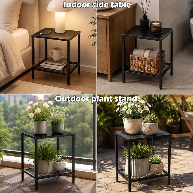2-Tier Metal Side Table Small Rectangle End Table with Storage Shelf Indoor Outdoor Accent Table Small Space Nightstand Plant Stand for Living Room Bedroom Patio Balcony, Black