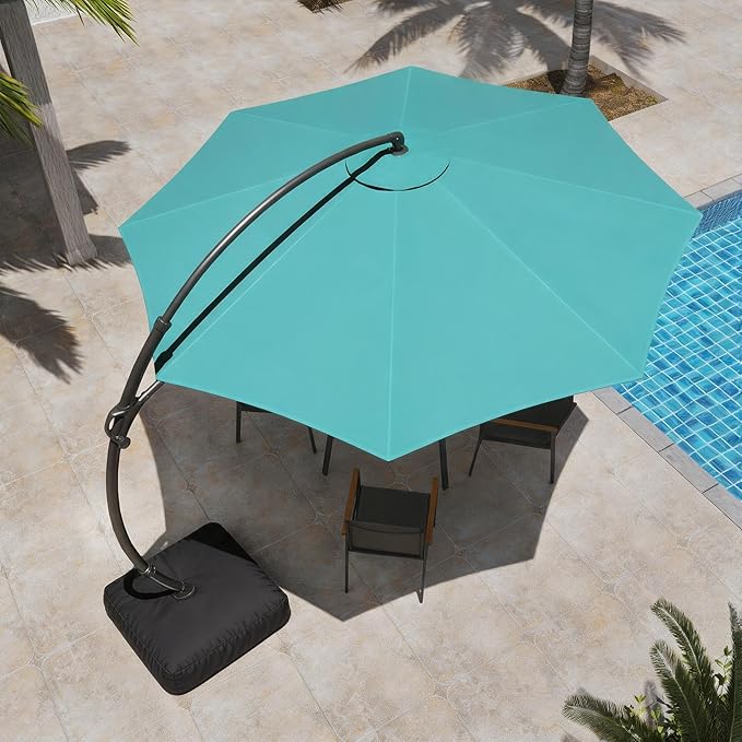 LAUSAINT HOME 11ft Patio Cantilever Umbrella with Base Included, Outdoor Curvy Round Offset Umbrella, Heavy Duty Aluminum, 360° Rotation for Pool, Deck, Lawn, Backyard (Turquoise Blue)