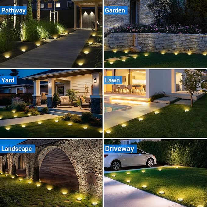 Solar Lights Outdoor Waterproof -12 Pack Solar Ground Lights Anti-Rust, Flat Solar Powered Disc Lights Landscape Lighting for Deck Step Patio Yard Pathway Walkway Driveway Garden, Warm White
