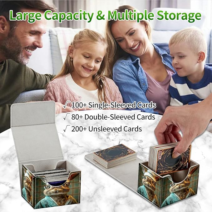 Card Deck Box for MTG, Cards Storage Box Fits 120+ Sleeved, Leather Small Size Strong Magnetic Closing Card Case for Board Games Magic TCG CCG Baseball Collection, Glasses Rabbit