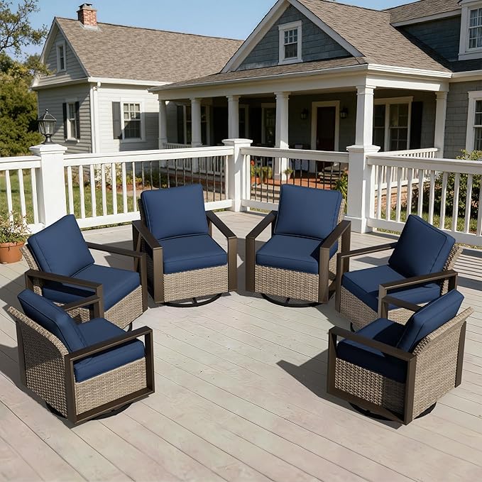 Joyside Outdoor Patio Swivel Rocker Chairs Set, 6 Pieces Wicker Rattan Chairs with Metal Wide Armrest, Thick Cushions and Deep Seating for Garden, Backyard, Porch, Deck