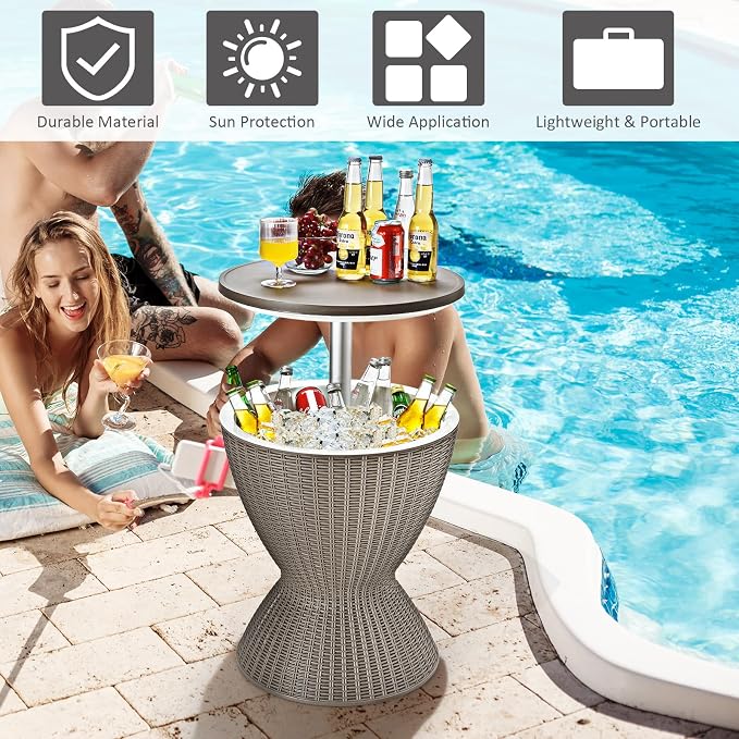 Cool Bar Table with Ice Bucket, 8 Gallon Rattan Style Patio Bar Cooler Table w/Height Adjustable Tabletop, Beer and Wine Cooler, Outdoor Cocktail Coffee Table for Pool Party Deck (Coffee)