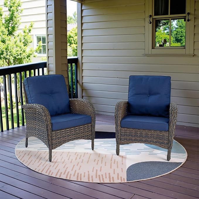 Belord Patio Club Chair Wicker Chairs - Outdoor High Back Chair Set of 2 Patio Furniture Set Rattan Seating with Removable Cushions for Porch Balcony Deck Pool Brown/Blue
