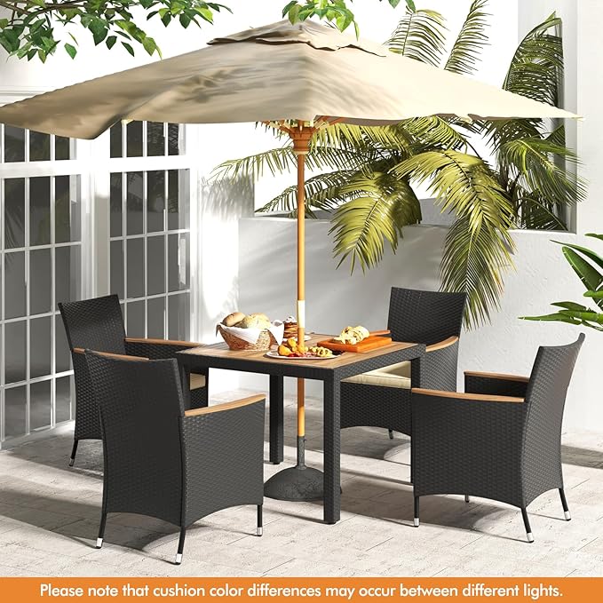 COSTWAY 5-Piece Patio Dining Set for 4, Outdoor Rattan Wicker Table and Chairs Furniture Set with Umbrella Hole, Acacia Wood Tabletop for Backyard, Balcony, Poolside, Black & Beige