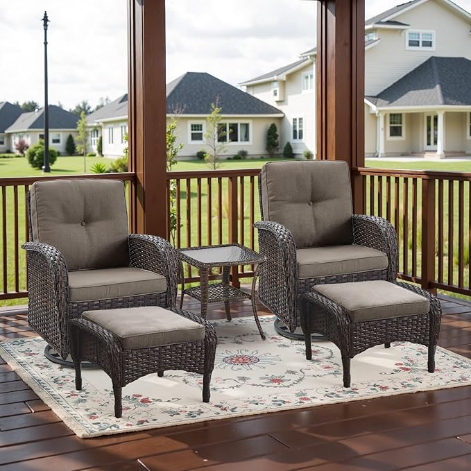 Belord 5 Piece Swivel Rocker Glider Outdoor Chairs Set of 2 with Ottoman and Glass Side Table Patio Bistro Furniture Set, Comfort High Back Wicker Patio Conversation Set for Deck Porch Sunroom