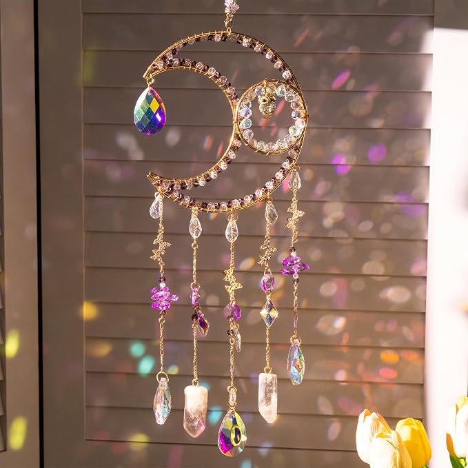 Crystal Suncatcher Moon Decor with Natural Stones Window Hanging-Purple | Handmade crystal decoration with natural stones, creates rainbow reflections for windows, bedrooms and home decor.