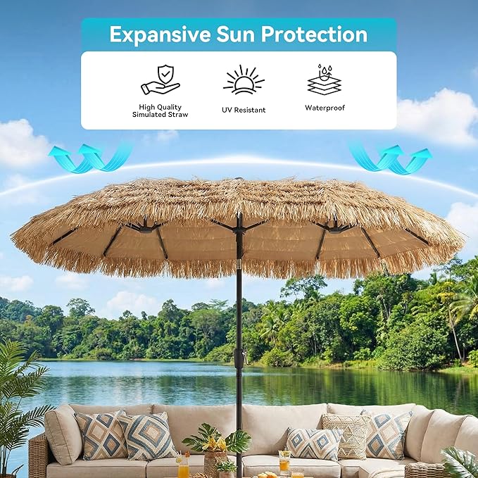 COSIEST 13FT Large Patio Umbrella with Crank, Outdoor Double-Sided Tiki Beach Umbrella, Rectangular Market Umbrella with 12 Sturdy Ribs for Garden、Pool、Deck Shade