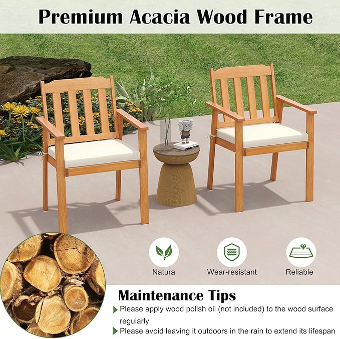 Tangkula 7 Pieces Patio Dining Table Set, 63” Rectangle Acacia Wood Table with Umbrella Hole and 6 Cushioned Armchairs, Outdoor Dinette Furniture for Garden Backyard Kitchen