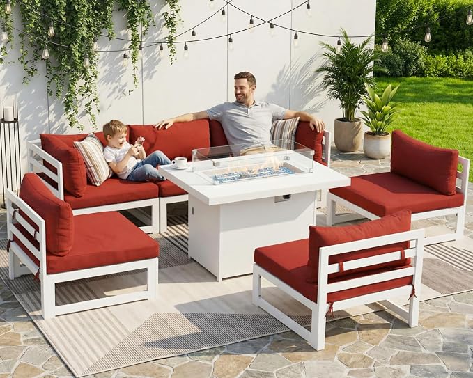 RADIATA 7 Pcs Modern Aluminum Outdoor Patio Furniture Set with Fire Pit Table Propane/Gas, Extra Large All-Weather Modular Sectional Couch, 29 inch Wide Deep Seating Conversation Sofa for Outside, Red