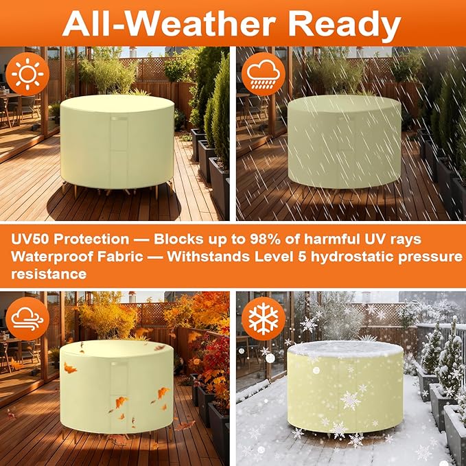 36"(D) x 40"(H) Round Outdoor Furniture Cover, Custom Heavy Duty 420D Waterproof Patio Furniture Cover with Drawstring & Buckles for Table Chair Garden, Cream