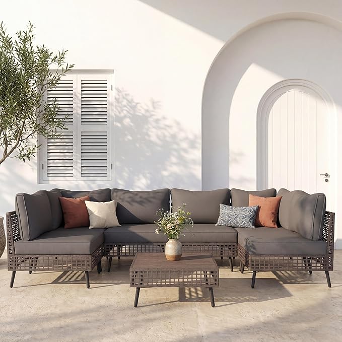LAUSAINT HOME 7 Pieces Outdoor Sectional Sofa Set, All-Weather PE Wicker Rattan Patio Conversation Set with Thick Cushions & Coffee Table, Patio Furniture Set for Garden, Backyard, Porch (Gray)