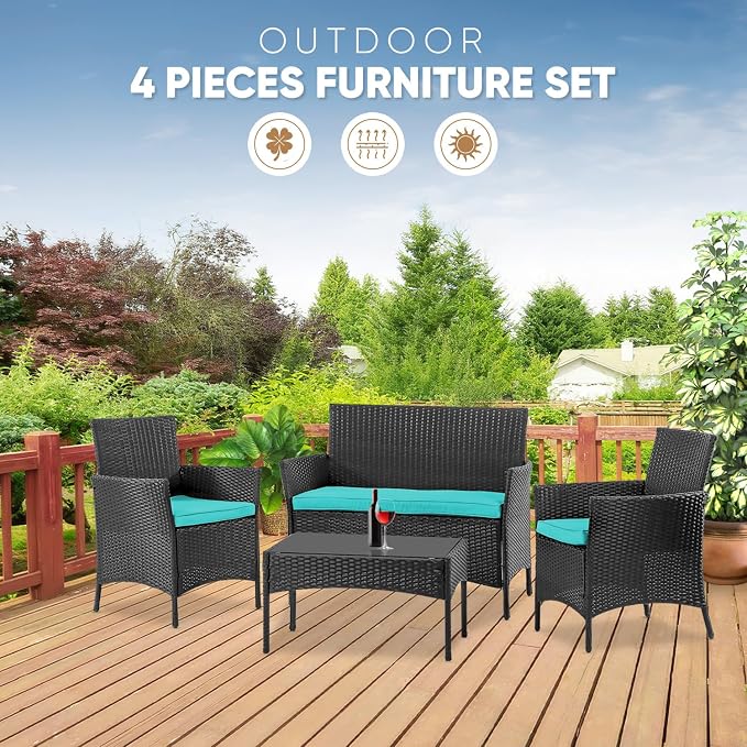NChanmar Patio Furniture Set, 4 Pieces Outdoor Furniture Rattan Chair, Patio Table and Chairs Set, Wicker Sofa for Yard,Pool and Backyard, Blue