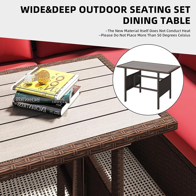 AECOJOY Outdoor Patio Furniture Set with Waterproof Cover, 7 Pieces Clearance Sectional Rattan Dining Table&Chairs, All Weather Wicker Conversation Sofa Couch, Red Cushions&Brown Rattan