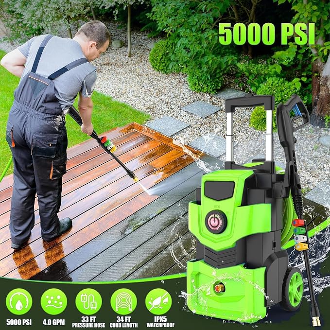 5000 PSI Professional Electric Pressure Washer,4.0 GPM Heavy Duty Power Washer with 4 Nozzles,Foam Cannon,33FT Hose and 500ml Soap Bottle for Home/Cars(Green)