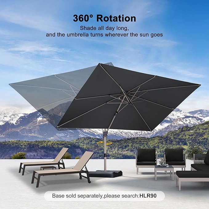 PURPLE LEAF 9' X 11' Patio Umbrella, Rectangle Outdoor Cantilever Umbrella, Aluminum Offset Umbrella with Champagne Frame and 360° Rotation for Pool Deck Garden, Grey