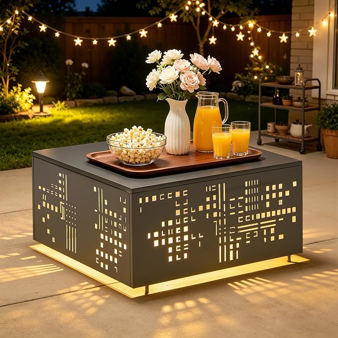 HOOOWOOO Outdoor Patio Solar Table with Umbrella Hole,Metal Coffee Side End Table,Umbrella Table with 2" Hole for Yard,Deck,Porch,Garden(Square Charcoal Gray)