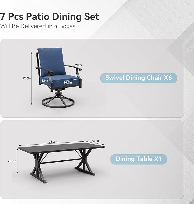 ALAULM 7-Piece Patio Dining Set,Outdoor Metal Dining Set with 6 Swivel Chairs & Rectangle Table with 1.5 Umbrella Hole, Patio Dining Table and Chairs for Backyard,Navy