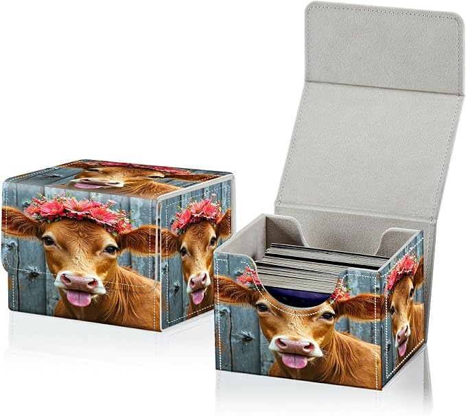 Card Deck Box for MTG, Cards Storage Box Fits 120+ Sleeved, Leather Small Size Strong Magnetic Closing Card Case for Board Games Magic TCG CCG Baseball Collection, Pink Flower Cow