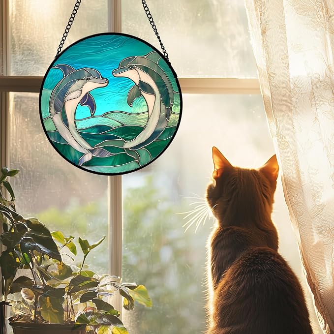 DASTOLL Stained Glass Window Hanging 4 Pcs Set Cyan Ocean Life Theme Large 11.8" - Sea Starfish Suncatcher Door Garden Sun Catcher Decor Birthday for Mom Woman Nana Men Friend