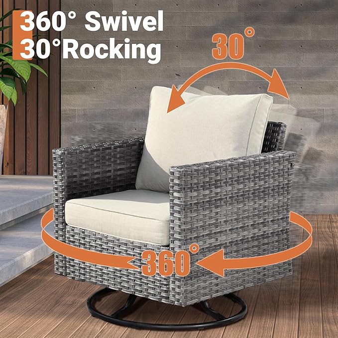 ovios Outdoor 10 Piece Coversation Set with Swivel Rocking Chair,Sectional Patio Furniture Set with All-Weather Wicker Sofa,Modern Outside Couch for Balcony Backyard Pool, Beige