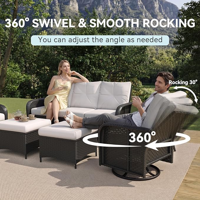 LazySunsets 12 Piece Outdoor Patio Furniture Set with 44'' Fire Pit Table, Wicker Rattan Outdoor Furniture with High Back Swivel Rocker Chairs, Outdoor Sofa Set with Thick Cushions & Ottoman, Beige