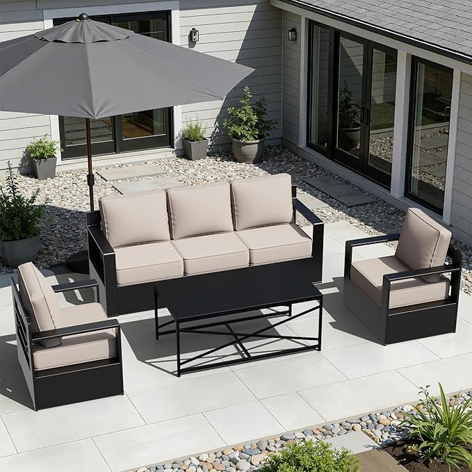 Outdoor Aluminum Furniture Set, 4-Piece Patio Conversation Set, 2 Chairs, 1 Sofa and 1 Table, All-Weather Metal Frame, 6" Thick Removable Cushions, Deep Setting for Garden, Poolside and Porch