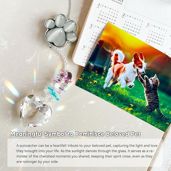 Dog Memorial Gifts, Pet Memorial Suncatcher, Loss of Dog Sympathy Gift | Thoughtful Dogs and Cats Bereavement Remembrance Gifts, Natural Cat's Eye Stone Paw Crystal Suncatcher