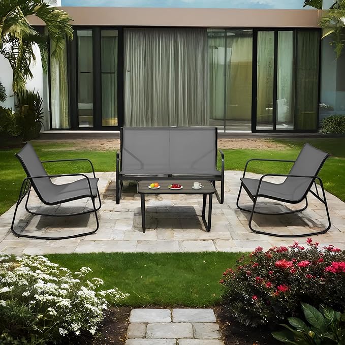 GEONKAI 4 Piece Patio Furniture Set, Olefin Loveseat Outdoor Furniture with 2 Rocking Chairs, Patio Conversation Set with Coffee Table, Breathable & Comfortable for Garden, Poolside, Balcony (Grey)