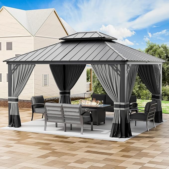 12' x 14' Hardtop Gazebo,Outdoor Permanent Pavilion Double Galvanized Steel Roof Pergola with Nettings and Curtains,Patio Sunshade Gazebos for Patio Lawns Backyard Deck,Grey
