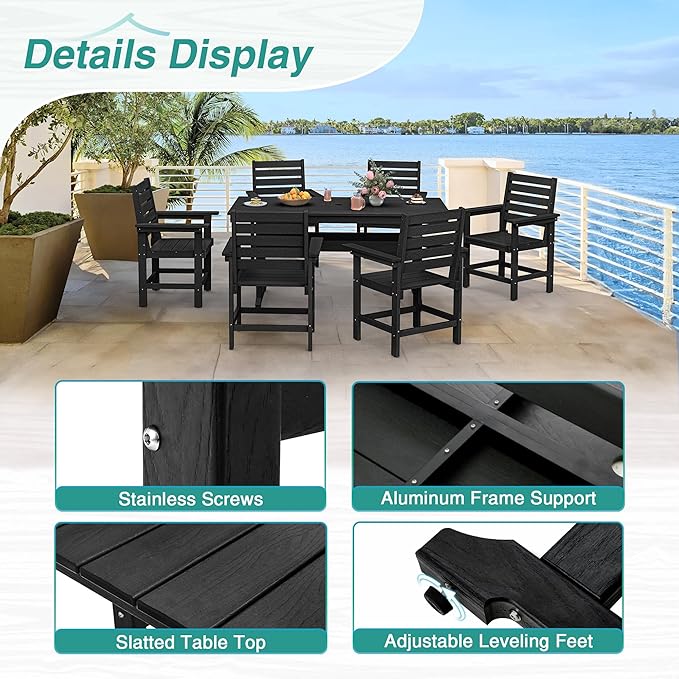 7 Piece Patio Dining Set, 66" Rectangle HDPE Weather Resistant Outdoor Table & 6 Patio Chairs Set with 1.96" Umbrella Hole, Heavy Duty Chairs for Backyard Balcony Deck, Black