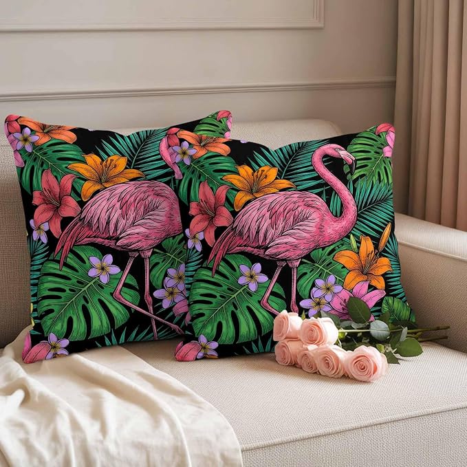 Pink Flamingo Outdoor Pillow Covers 16"x16" Set of 2, Summer Tropical Jungle Hibiscus Flower Vintage Waterproof Throw Pillow Covers for Patio Furniture, Decorative Cushion Covers for Porch