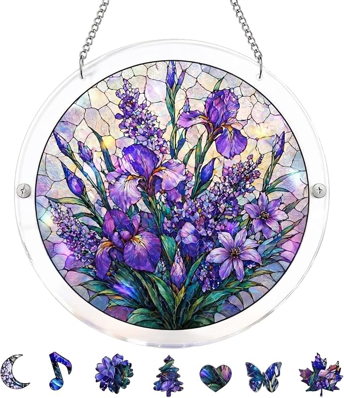 Acrylic Jigsaw Puzzle Suncatcher - Purple Flower Acrylic Puzzle Window Hanging Decor, 83 Irregular Pieces & Hanging Chain - Creative DIY Home Indoor & Garden Decor (7.4 Inch)